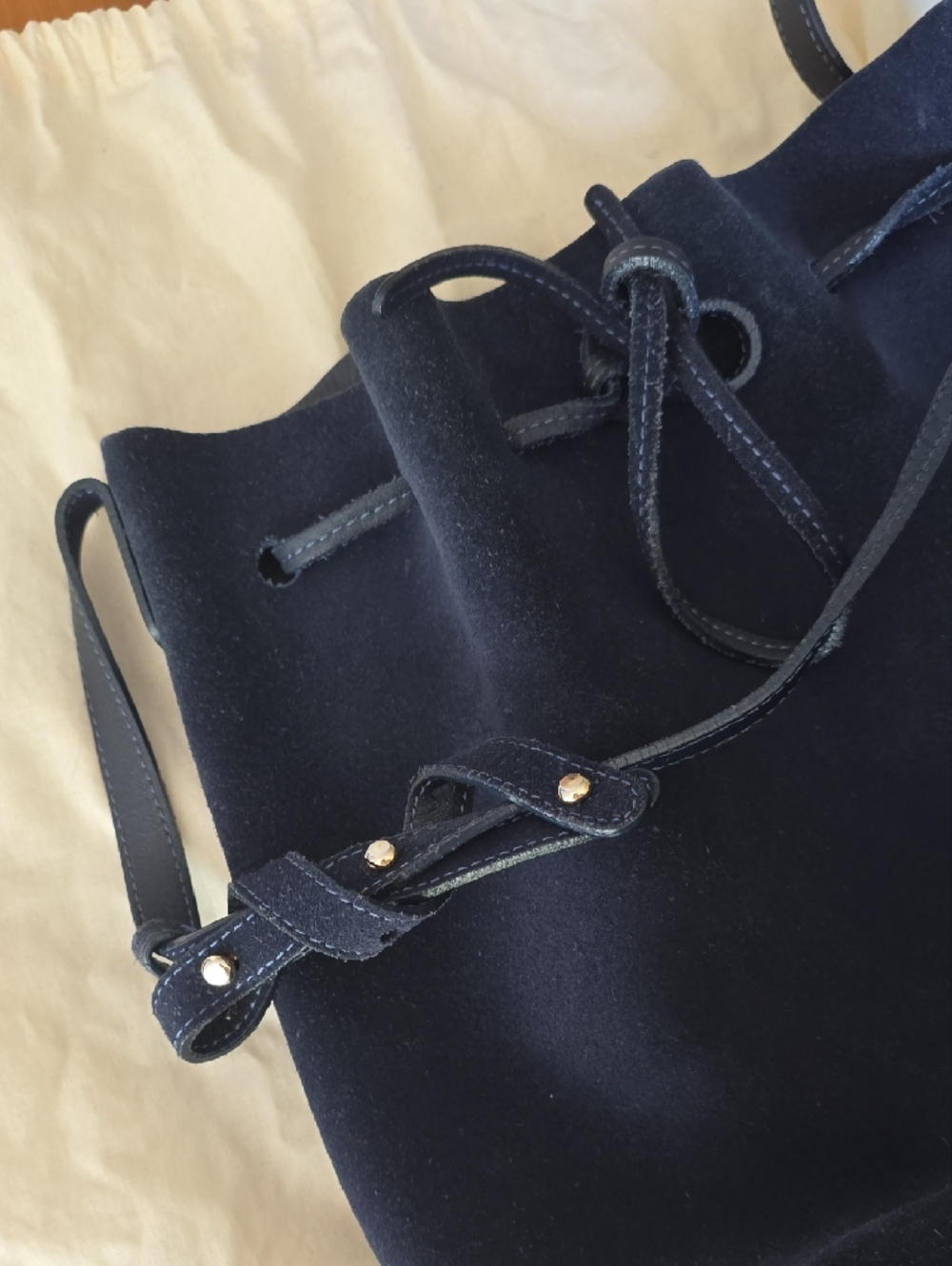 Mansur Gavriel Navy Suede Drawstring Bucket Bag with Pouch - Picture 9 of 10